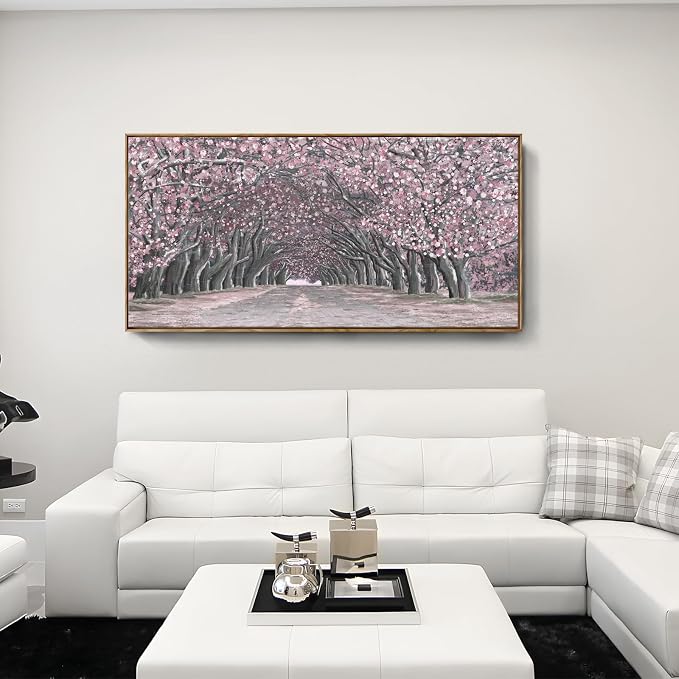 Nicetop Framed Canvas Wall Art – Pink Cherry Blossom Tree Tunnel Canvas Print Romantic Floral Landscape Artwork Abstract Forest Picture for Bedroom Living Room Girls Women Wall Decor Large Size 48x24 Inch