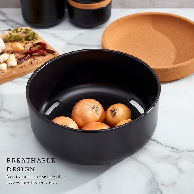 Kamenstein Ceramic and Cork Large Breathable Produce Bowl with Lid to Naturally Extend Produce Freshness, Natural Cork and Black Ceramic