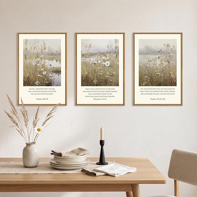 Large Christian Bible Verses Framed Canvas Wall Art,Vintage Scripture Wildflower Wall Decor,Modern Jesus Religious Nature Landscape Artwork for Living Room,Bedroom,Dining Room-16"x24"x3