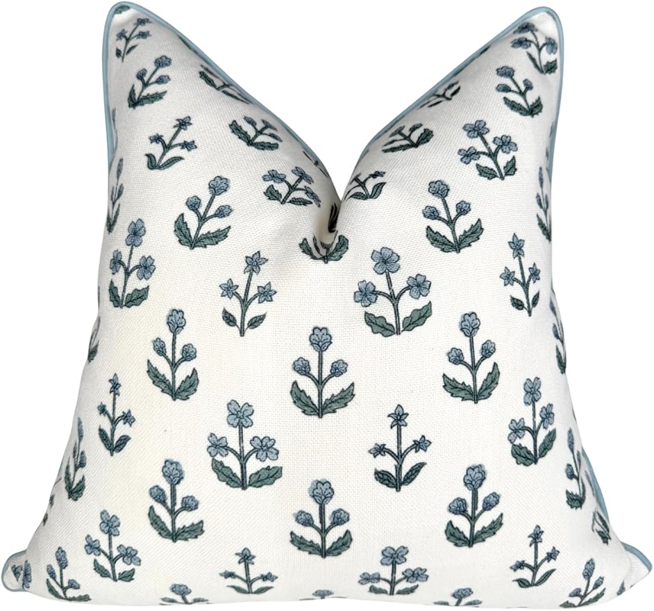 Jillien Harbor "The Beau” Floral Block Print Pillow Cover – Blue Decorative Throw Pillow Cover with White Background – Grandmillennial Home Decor, 20" x 20"
