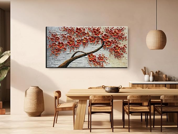 YaSheng Art - 48x24inch Canvas Wall Art, Hand Painted Oil Painting ,Abstract 3D Texture Wall Art Pictures, Red Floral Paintings, Modern Home Bedroom Wall Art Decor, Wall Art for living room, Large Framed oil painting.