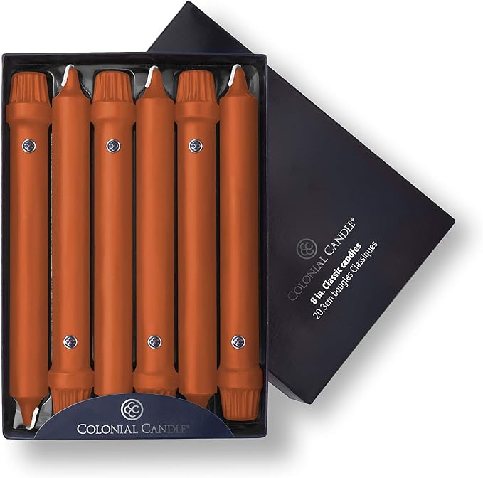 Colonial Candle Unscented Taper Candle, Classic Collection, Pumpkin, 8 In, Pack of 12 - Up to 6 Hours Burn