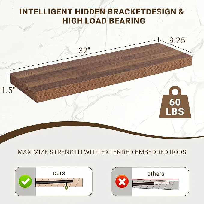 Acovy 32 Inch Floating Shelves, 3D Textured Wood Grain, 32"x9.25"x1.5" Inch Deep Floating Shelves for Wall, Wooden Shelves for Bathroom, Bedroom, Living Room, Walnut, 2 Pieces