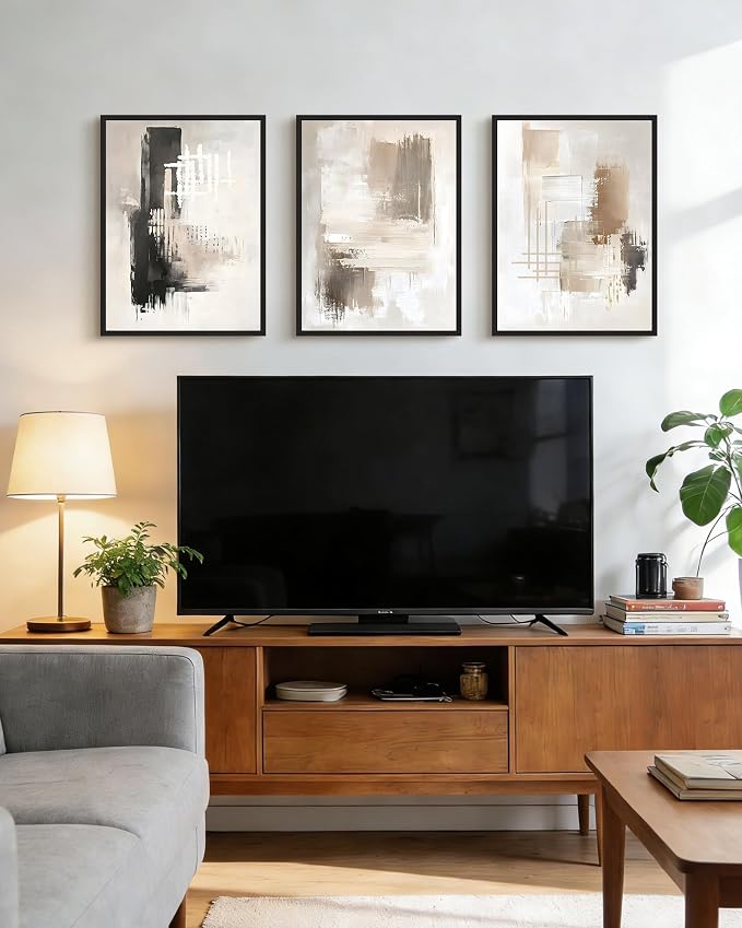 PHOPAGO Abstract Framed Wall Art Mid Century Modern Minimalist Beige Pastel Watercolor Neutral Wall Decor for Living Room Bedroom - 12x16in Black Framed