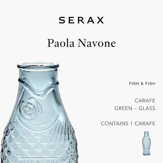 Serax Glass Water Pitcher | Fish & Fish glassware by Paola Navone | Wine Carafe Decanter 28.74 fl oz | Clear Light Blue Bottle Container, hot or cold Drinks | Beverage Dispenser | Suitable as Vase