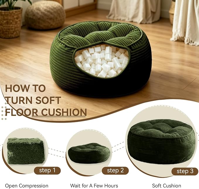 11" Washable Round Floor Pillow for Adults Thick Meditation Cushion for Sitting Large Yoga Pillows on Floor Ottoman to Elevate Leg for Tatami Living Room,22x22 Inch, Green