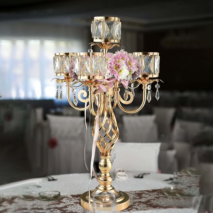 23.2 inch Tall Elegant and Chic 5 Arm Pendant Crystal Candlestick Holder Table Decoration tealight Candle Holder, Candelabra for Gorgeous Wedding/Parties Table Centerpiece (1, Gold)