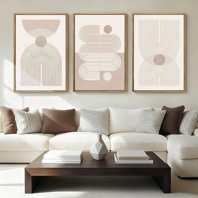 Anyzal Large Boho Framed Wall Art 16x24 Inch Beige Neutral Minimalist Canvas Pink Abstract Modern Geometric Artwork for Living Room Bedroom Dining room Set of 3