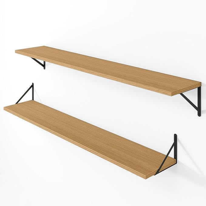 Vivelove 8 Inch Deep Floating Shelves for Wall, 48W x 8D Wood Wall Shelves Set of 2, Rustic Oak Wide Floating Bookshelf for Living Room, Kitchen, Office, Bedroom, with Black Metal Bracke - Oak