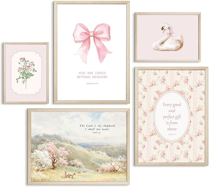 Nursery Christian Wall Art Bible Verses Canvas Wall Decor Baby Girl Room Poster Vintage Pink Nursery Prints Decor Floral Bow Swan Artwork Jesus Scripture Picture for Bedroom 8x10x5 Inch Wood Framed