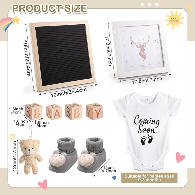 Canlierr 9 Pcs Pregnancy Announcement Set Pregnancy Reveal Ideas Felt Letter Board Baby Bodysuit Booties Photo Frame Bear Plush Wood Blocks for Coming Soon Baby Announcement(Black)