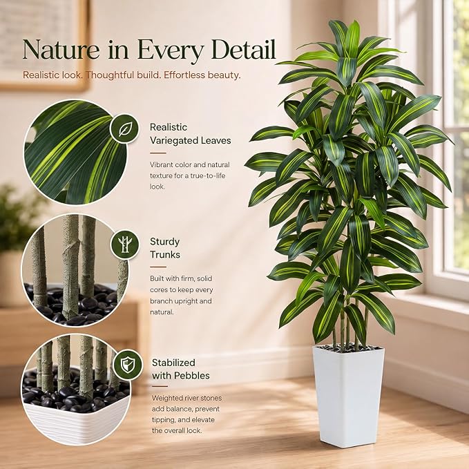 Artificial Dracaena Tree：5FT Faux Silk Tropical Yucca Floor Trees Realistic Fake Green Plant with Natural Wood Trunk & Lifelike Leaves for Home Office Decor Indoor & Outdoor (5FT,1-Pack,White)