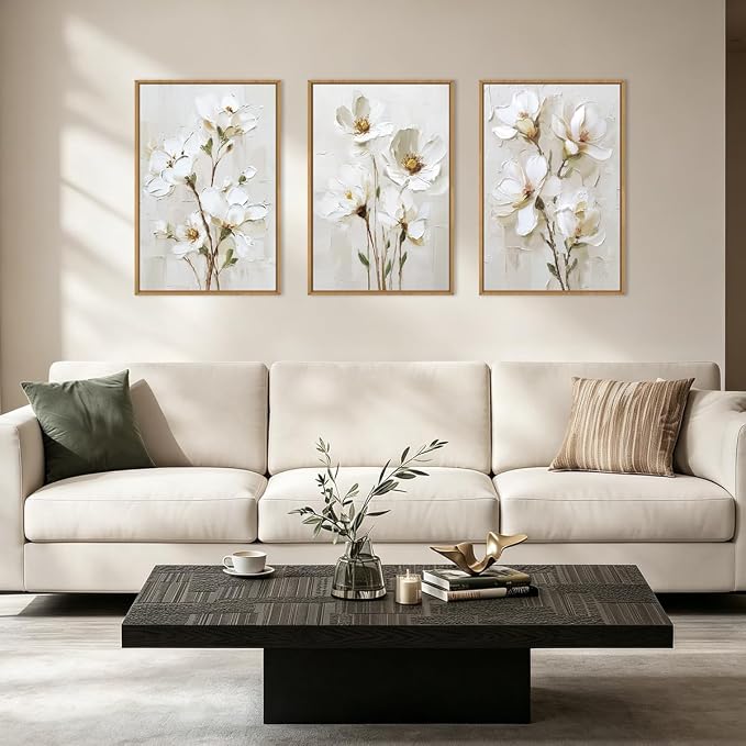 FWIEXA 3D Beige White Floral Canvas Wall Art,Neutral Flower Framed Wall Art Texture,Modern Abstract Botanical Paintings,16x24In Watercolor Minimalist Wildflower Artwork Magnolia Painting for Living Room,Bedroom,Office