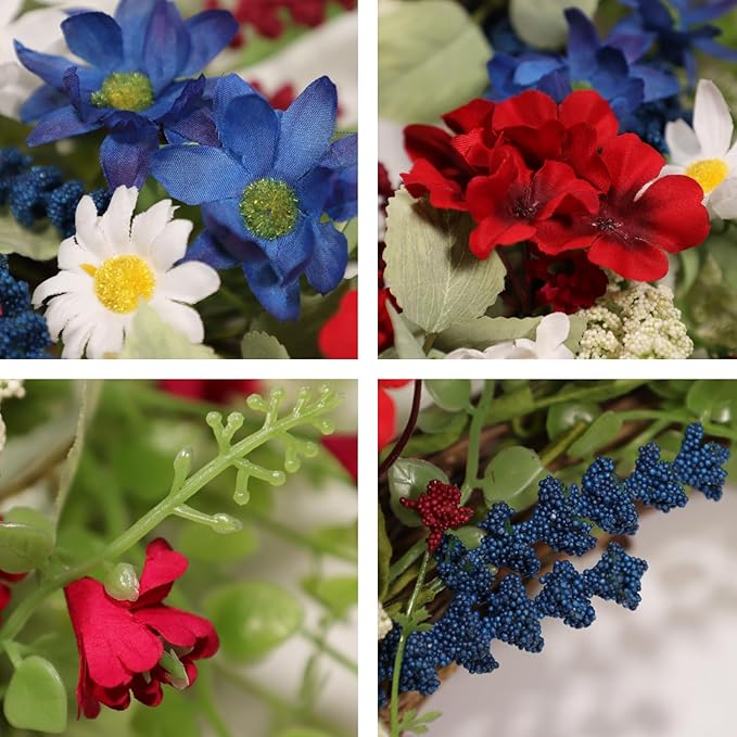 20 Inch Patriotic Wreaths for Front Door, 4th of July Independence Day Memorial Day Wreath with Red White Blue Flowers, Grain and Eucalyptus Leaves Outdoor Patriotic Door Decor for Home Porch