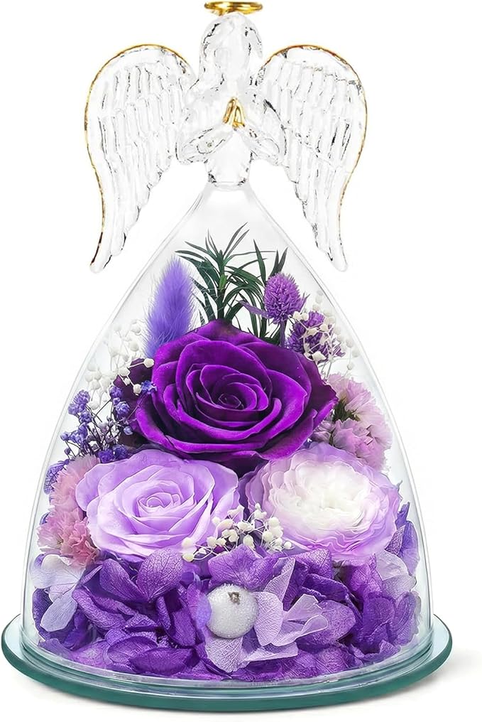 TranquilBliss Gifts for Mom, Flowers for Mother’s Day, Preserved Rose in Glass Dome with Light, Angel Figurines for Her Birthday, Valentine’s Day for Wife, Grandma, Women - Purple