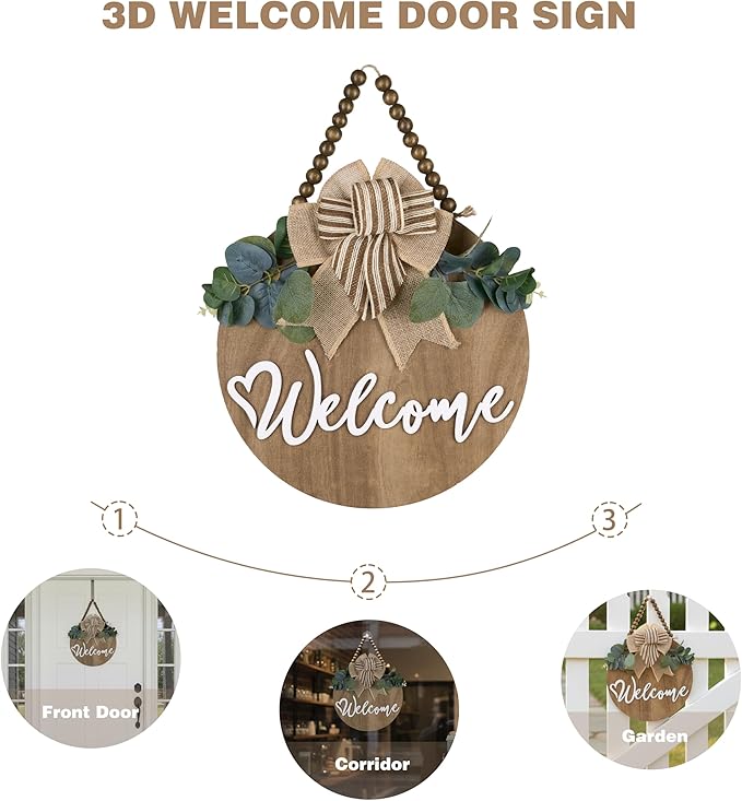 CondorPasea 12 Inch 3D Welcome Sign for Front Door, Round Wooden Welcome Door Sign with Artificial Greenery, Buffalo Plaid Bow & Rustic Beads, Farmhouse Porch Home Decor Gift