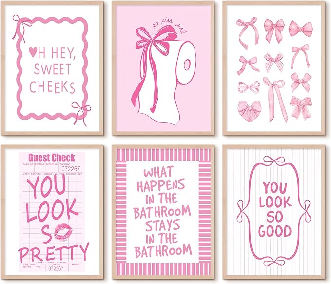 Pink Bow Bathroom Wall Art Decor Girl Coquette Posters Preppy Cute Pictures | Girly Bathroom Canvas Wall Art Pink Bowknot Aesthetic Poster Toilet Paper Prints for Washroom Restroom 8x10x6 Inch Unframed