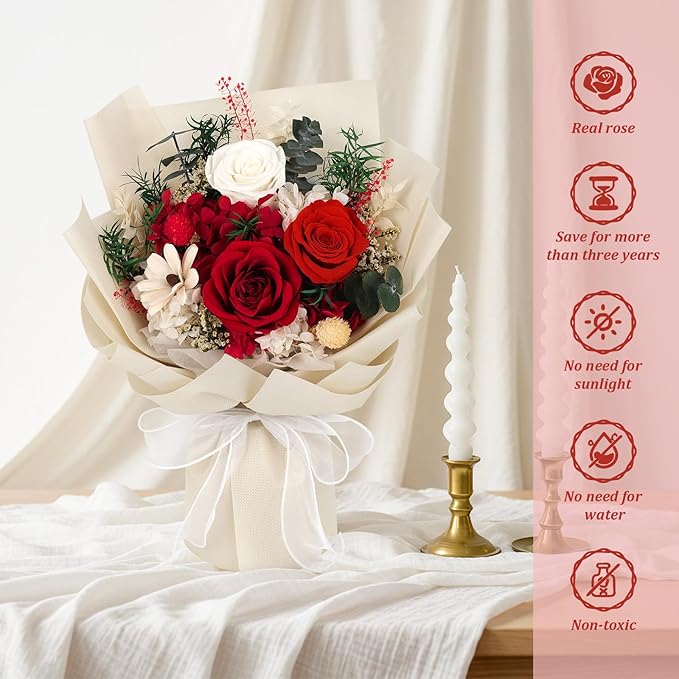 Flowers for Delivery Prime Preserved Flowers Bouquet with Vase That Last 3-5 Years Real Forever Flowers Red Rose Bouquet for Mom Mother Women Wife Friends Birthday Mothers Day Gifts