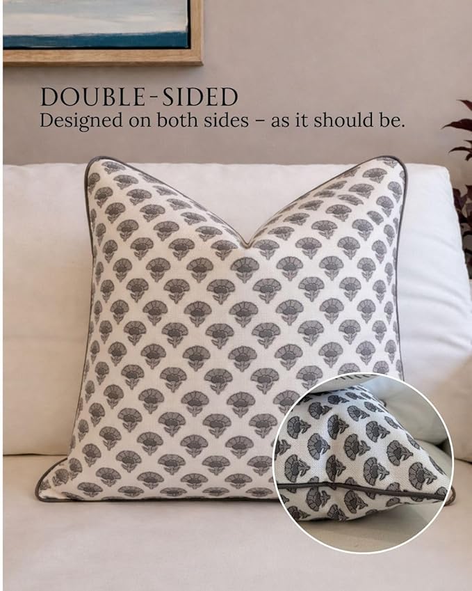 Jillien Harbor The Oliver Patterned Throw Pillow Cover–Blockprint Style Leaf Pillow Print Polycotton Designer Accent for Modern Country Decor, Decorative Use, Fits 20 Inch Insert, 18 x 18 Inch, Brown