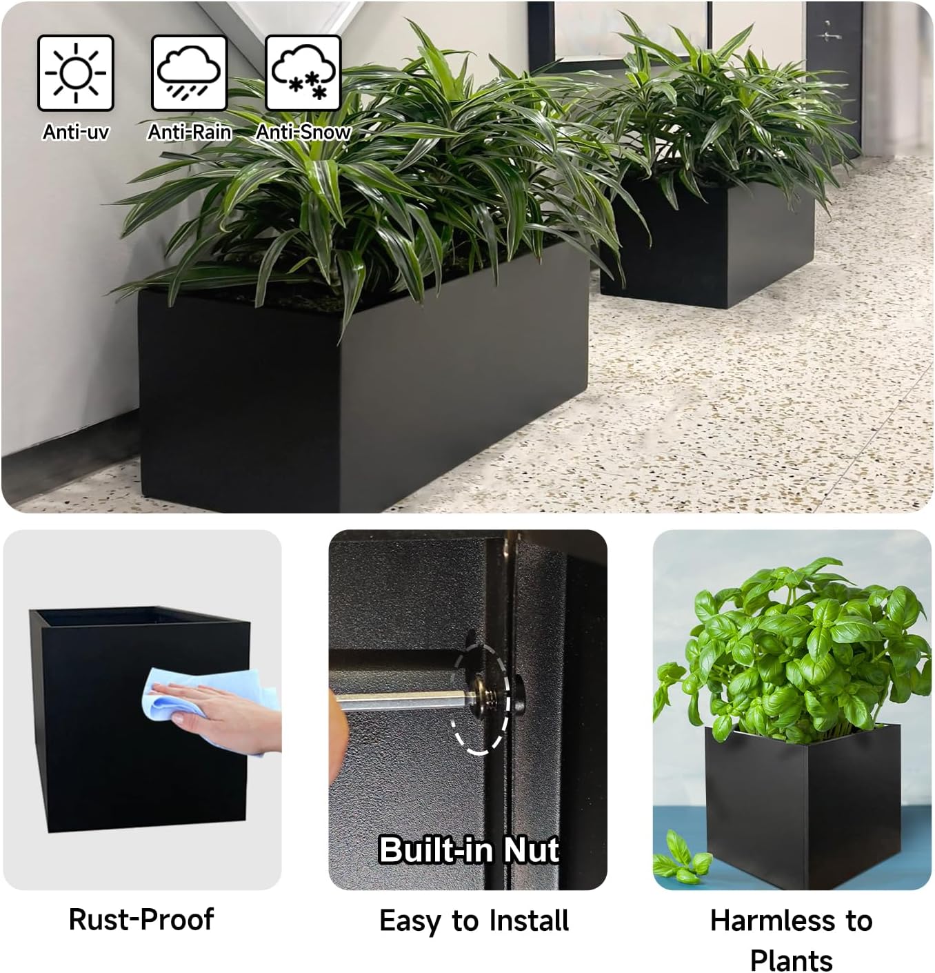 Galvanized Steel Planter Black Metal Outdoor Planter Powder Coated 32" x 12" x 16" Pot Metallic Heavy Pot Indoor & Outdoor, Commercial & Residential (L32 x W12 x D16, Black)