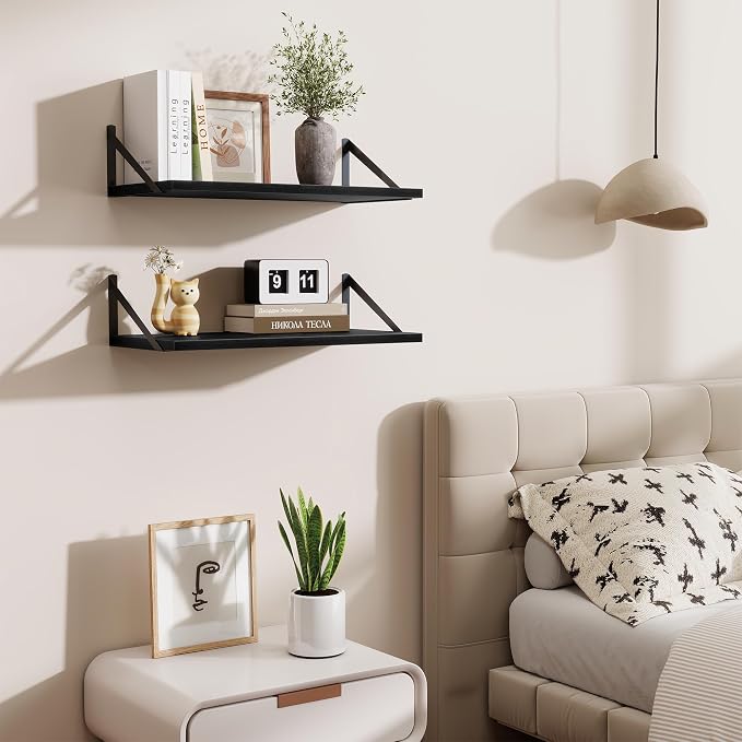 Acovy Deep Floating Shelves,24" Wx10 D Floating Shelf for Wall Set of 2,Hanging Storage Shelf with Metal Brackets,Wide Display Wall Shelves for Living Room,Bedroom,Bathroom,Kitchen,Black