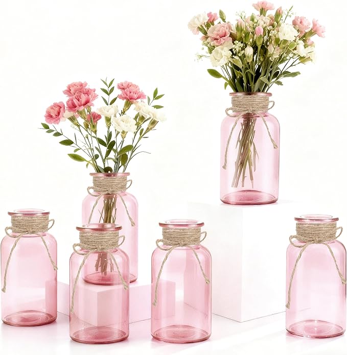 Vintage Glass Flower Vase, Farmhouse Glass Centerpiece Vases Mason Jars for Weddings, Parties & Home Decor Bulk (6, Pink)