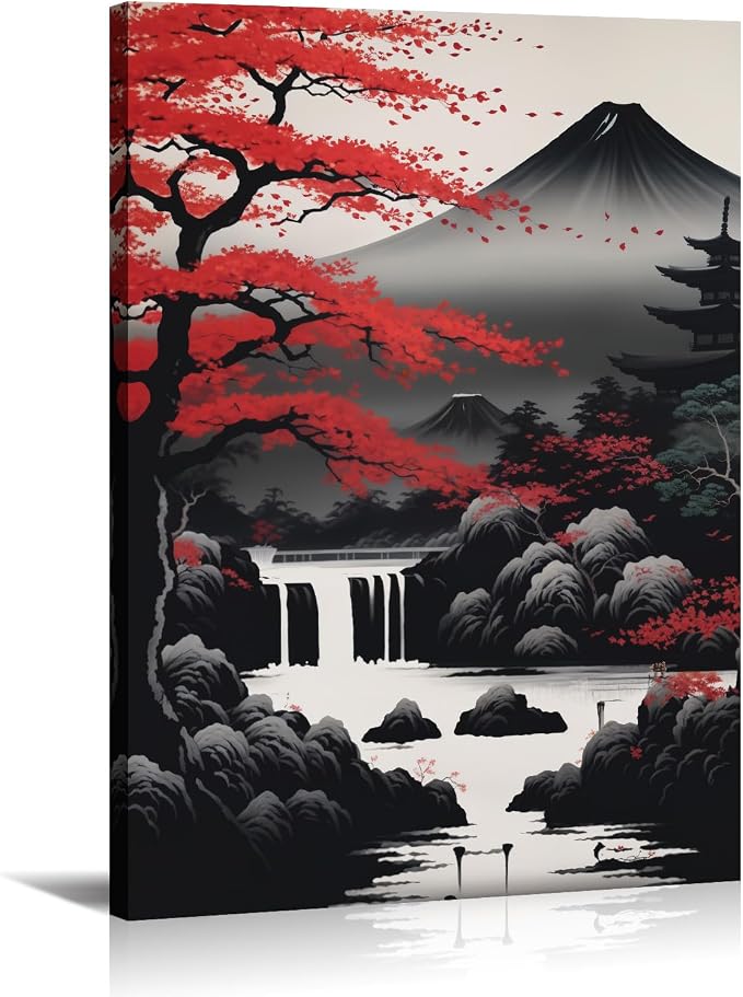 KPLUNDO Japanese Wall Art Asian Landscape Canvas Prints Red and Black Cherry Blossom Trees Picture Vintage Painting for Bathroom Living Room Bedroom Home Wall Decor(Art-2,12.00x18.00 inch)
