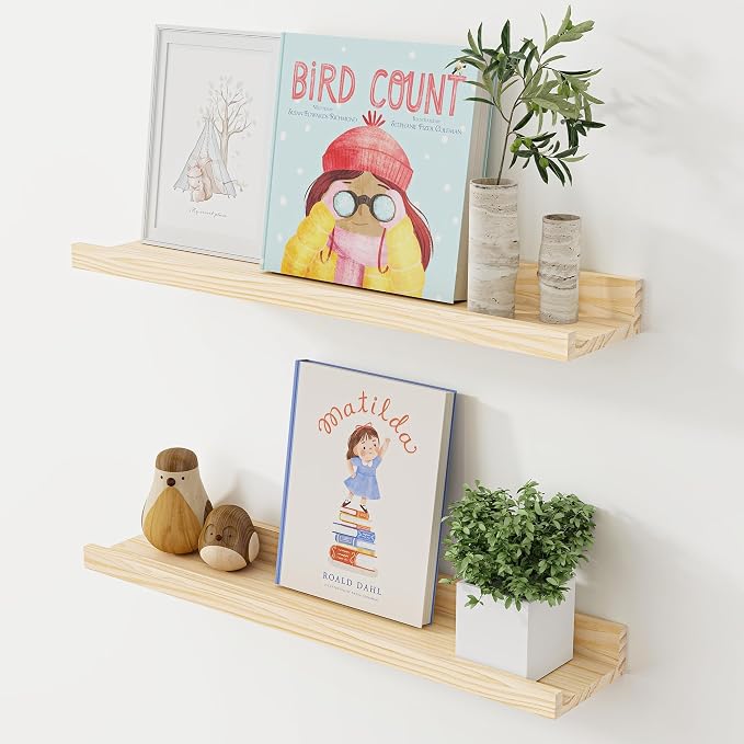 Floating Shelves for Wall, 24 inch Solid Wood Picture Ledge Shelf, Picture Shelf for Wall with Ledge, Floating Book Shelves for living room Bedroom Kitchen Nursery Decor, Natural Unfinished, Set of 2