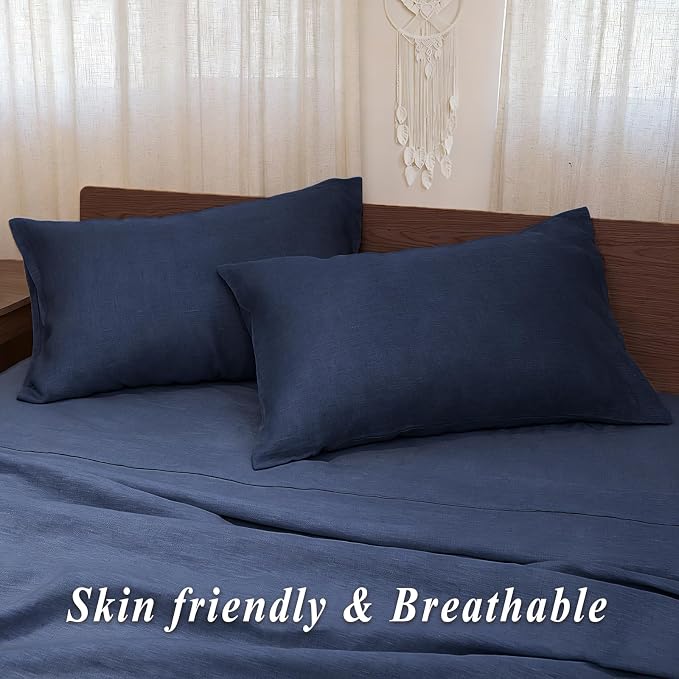 Linen Pillow Cases Standard Size Set of 2,100% French Linen Pillowcase Soft Breathable Envelope Pillow Cover Home Decor Gift for Women(Dark Blue,20x26)