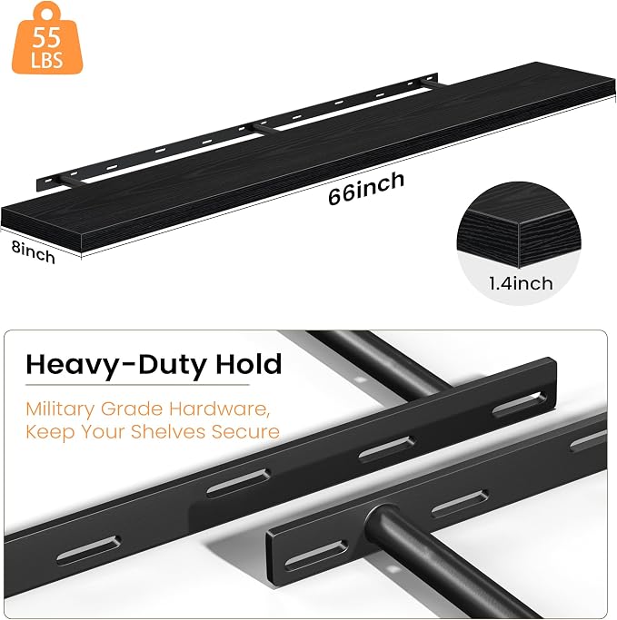 Fun Memories Floating Shelves for Wall, 66 Inch Long Set of 2 Rustic Wood Wall Shelves with Invisible Brackets, Heavy Duty Storage Display for Living Room Bedroom Kitchen, Black
