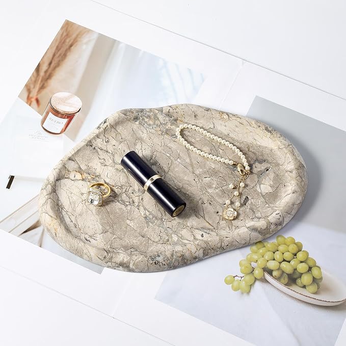 Koville Marble Vanity Tray for Bathroom, Cloud Shape Stone Key Tray | 10" x 7" Marble Storage Trays for Bathroom, Stone Plate Holder for Perfume, Candle and Jewelry (Silver Pearl)