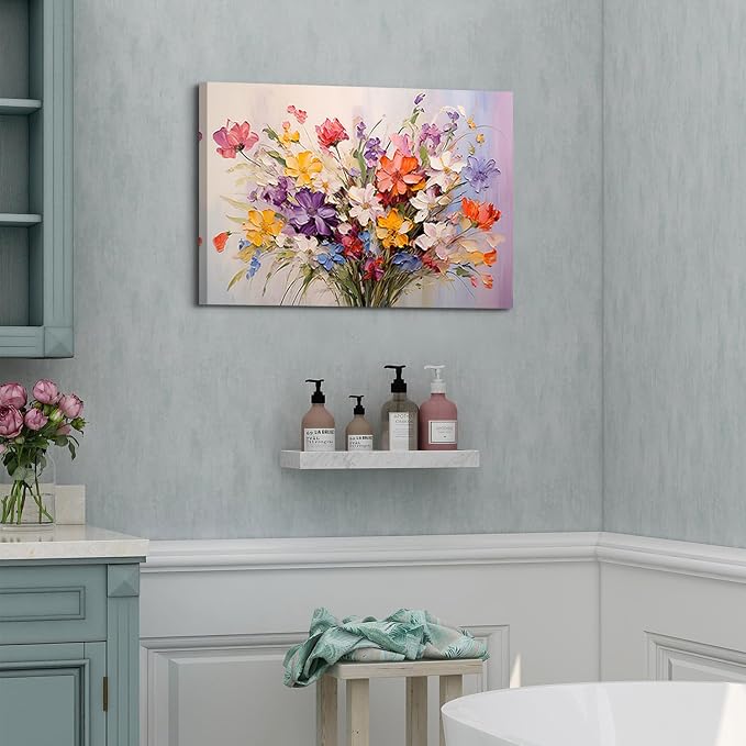 Colorful Flower Canvas Wall Art Yellow Orange Purple Wildflower Painting Prinrts for Teen Girls Room Decor Botanical Picture Floral Poster Modern Framed Artwork Bathroom Bedoom Home Decoration 12"x16"