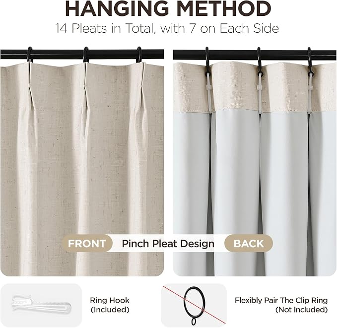 Joydeco 100% Blackout Pleated Curtains, Linen Window Curtains 2 Panel Sets 108 inches Long, Thermal Insulated Darkening Drapes for Bedroom(Ecru,40'' Wx108'' L)