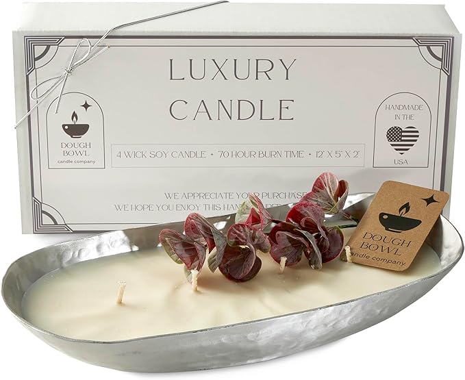 Dough Bowl Candle Co. Luxury Candle - Scented Luxury Candles for Home, 12x5x2 Inch Vessel for Women and Men, Fancy 4 Wick for All Occasions (Silver, White Eucalyptus)