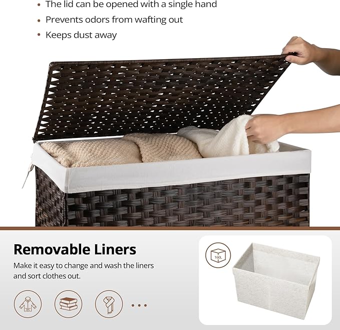 OIAHOMY Large Storage Basket with Lid, 42.3 Gallon (160L) Blanket Basket with Removable Liner Bag, Wicker Hamper with Handle, Foldable, Hamper for Bedroom, Brown