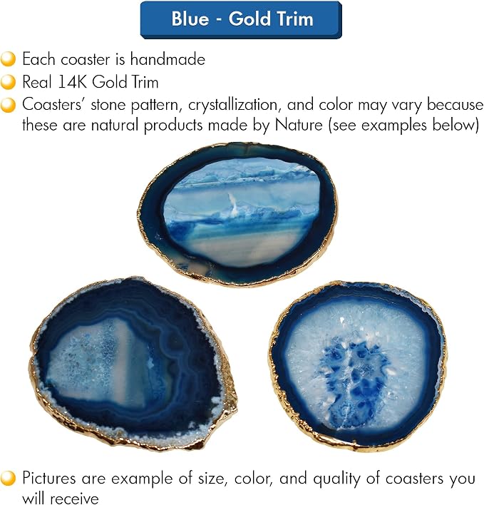 Nature's Decorations Blue Gold Rimmed Agate Stone Coasters - Set of 4, Polished Geode Drink Mats for Dining & Coffee Table & Kitchen Geode Decor Non-Toxic 3.5-4" Diameter