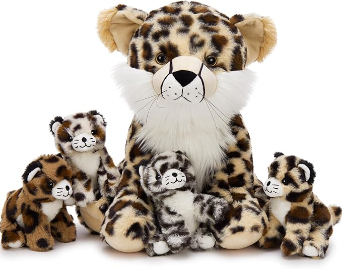 MorisMos 5Pcs Cheetah Stuffed Animal, 14 Inch Cheetah Mommy with 4 Baby, Soft Stuffed Leopard Plush Gifts for Kids, Boys, Girls, Toddler