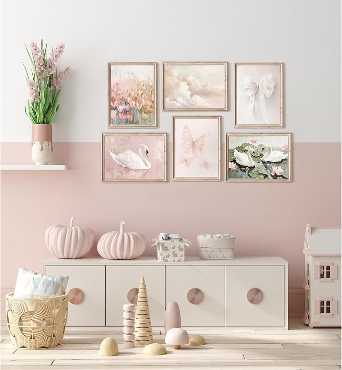 Tocliky Coquette Pink Wall Art Decor Swan Posters Bow Flower Canvas Wall Art Preppy Cute Pictures Trendy Butterfly Posters Coquette Aesthetic Prints for Girl Dorm Room Bedroom 8x10x6 Inch Unframed