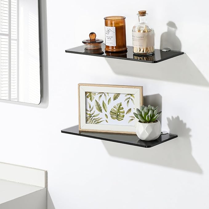 SAYAYO Glass Floating Shelves for Wall, Tempered Glass Shelves for Bathroom, Living Room, Bedroom, Office, Toilet, Kitchen Decor, 12 Inch Set of 2, Black