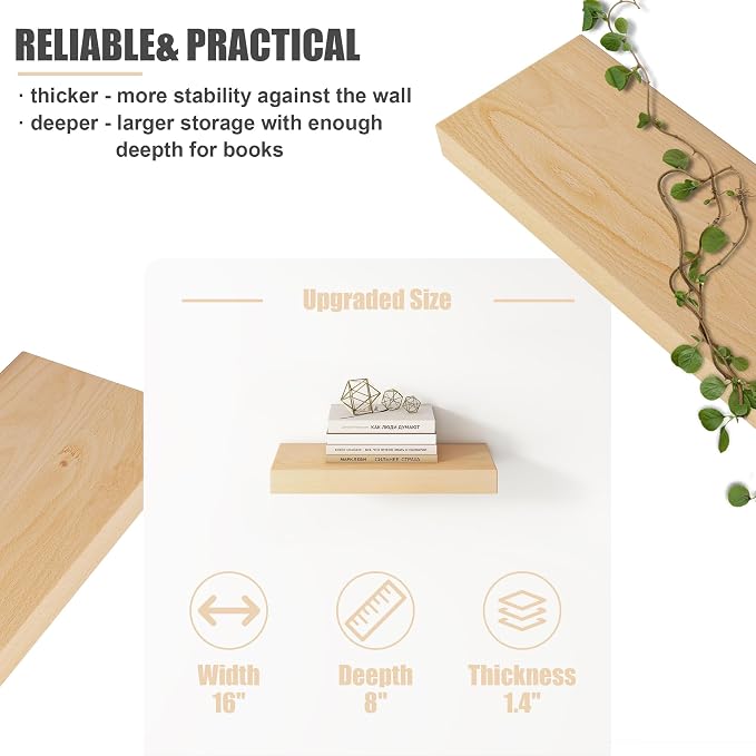 Floating Shelves for Wall, USA-Sourced Beech Wood 16 Inch Wall Shelves Set of 2, Natural Wooden Mounted Picture Ledge Shelf, Nursery Book Storage Shelf Kids Bookshelf Display, Shelf for Bathroom