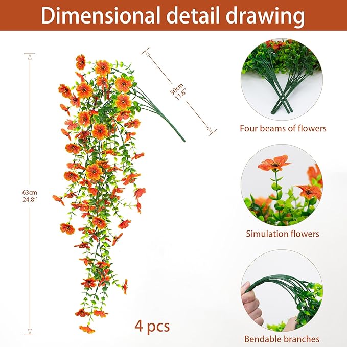 LikSoor 4 Pcs Artificial Outdoor Hanging Plants Fall Decoration UV Resistant Faux Silk Flowers for Outside, Garden, Porch, Window, Home Decor(Orange)