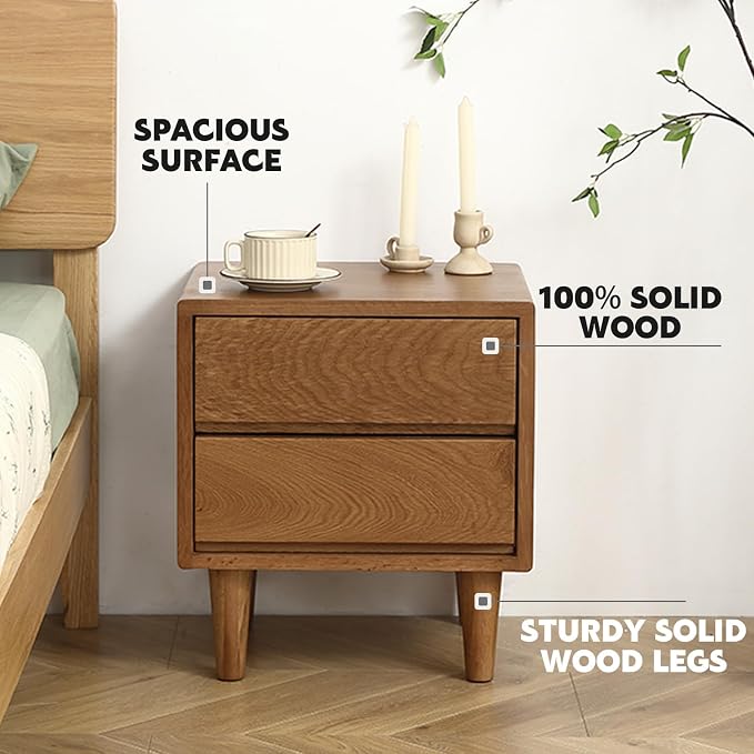 Solid Oak Wood Nightstand, Bedside Table with 2 Drawer, Mid-Century Luxury Night Stand, Modern Sofa Side End Table, Farmhouse Wooden Night Stand Bedside Table for Bedroom, Easy Assembly, Light Walnut