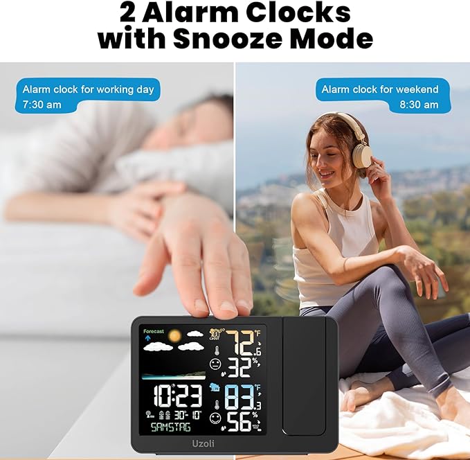 uzoli Projection Alarm Clock Weather Station, WWVB Atomic Projector Clock with Sensor, Adjustable Backlight, Indoor Outdoor Temperature Humidity, Digital Projection Clock for Bedroom Ceiling