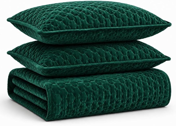 Tribeca Living Lugano Oversized Velvet Quilt Set - All Season, Extra Large, 3 Piece Queen Size Comforter Set with 2 Pillow Shams in Teal Honeycomb Pattern 260GSM