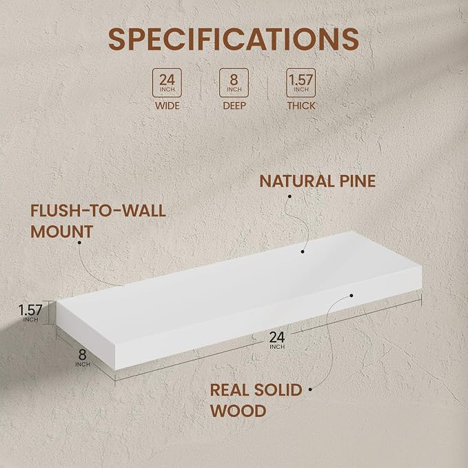 Heimlove Wooden Floating Shelves for Wall, White Pine Shelves Set of 2, 24 in Rustic Wood 8 Inch Deep Floating Shelf with Invisible Brackets for Bedroom Kitchen Living Room - Classic White