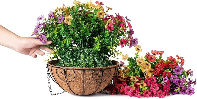 HyeFlora 2 Set Artificial Outdoor Flowers Hanging Basket, Faux Hanging Plants for Outside Spring Decoration, Fake Silk UV Resistant Look Real Daisy for Porch Patio Home Decor