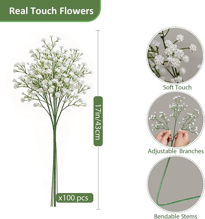 100 Pcs Baby Breath Artificial Flowers, Fake Babys Breath Gypsophila Flowers Bulk, Realistic Artificial Flowers Bouquet Flores Artificiales para Decoracion for Wedding Party Home Decoration
