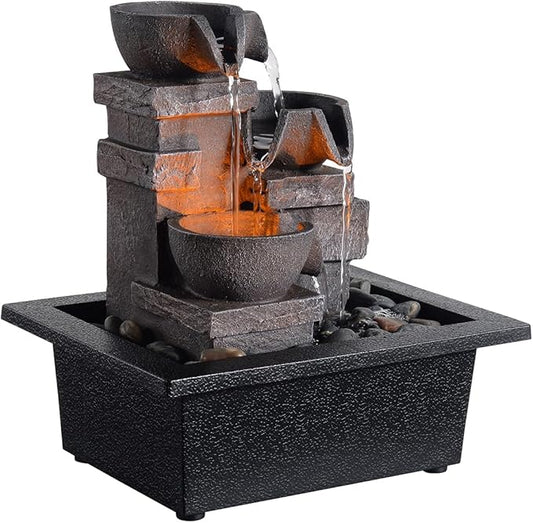 MAOCHI Indoor Fountain 3-Bowl Rockery Soothing Sound Tabletop Fountains Home/Office Decor with Natural River Rocks LED Lights Automatic Watering Pump(22044A)