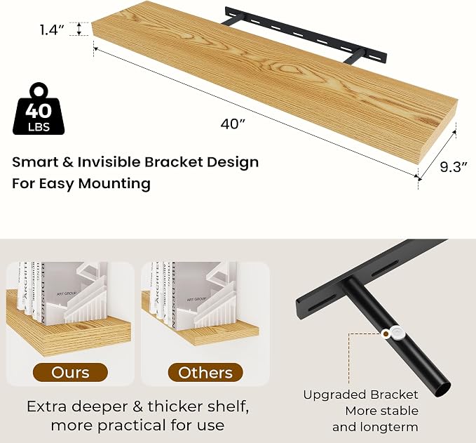 Dreamland 40Inch Floating Shelves for Wall 9.3" Deep Light Brown Set of 2 | Wall shelves for bathroom, bedroom, Living Room, kitchen, deep wall mount wood storage display for home decor 40" x 9.3"