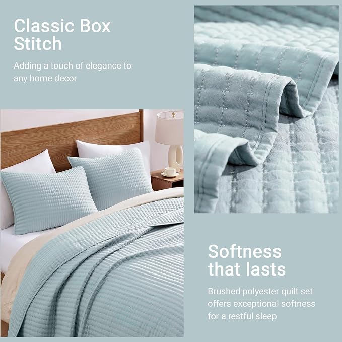 WRENSONGE Queen Quilt-3 Pieces Lightweight Bedspreads Sky Blue Queen Size Quilt Bedding Set for All Seasons, Soft Summer Coverlet with 2 Pillow Shams Suitable for Bed & Couch